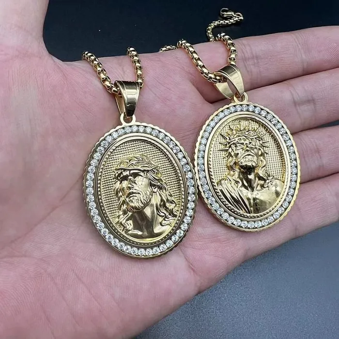 Wholesale Jesus Pendant Necklace – Bulk Gold-Plated Cast Stainless Steel Hip Hop Jewelry with CZ Stones