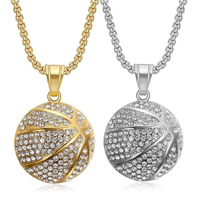 Wholesale Basketball Pendant Necklace – Bulk Gold-Plated Stainless Steel Hip Hop Jewelry with Rhinestones