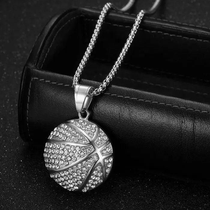 Wholesale Basketball Pendant Necklace – Bulk Gold-Plated Stainless Steel Hip Hop Jewelry with Rhinestones