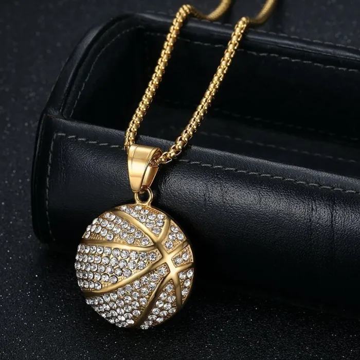 Wholesale Basketball Pendant Necklace – Bulk Gold-Plated Stainless Steel Hip Hop Jewelry with Rhinestones