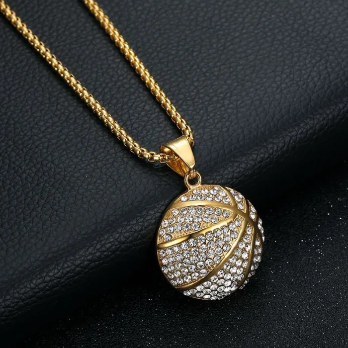 Wholesale Basketball Pendant Necklace – Bulk Gold-Plated Stainless Steel Hip Hop Jewelry with Rhinestones