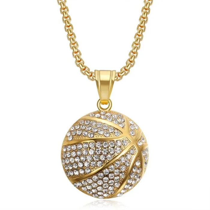 Wholesale Basketball Pendant Necklace – Bulk Gold-Plated Stainless Steel Hip Hop Jewelry with Rhinestones