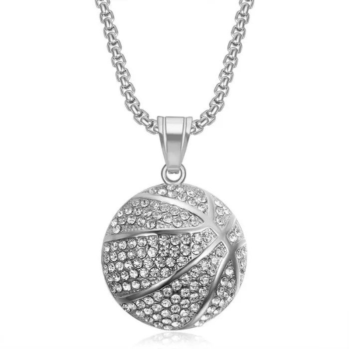Wholesale Basketball Pendant Necklace – Bulk Gold-Plated Stainless Steel Hip Hop Jewelry with Rhinestones