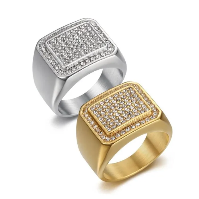 Wholesale Full Rhinestone Hip Hop Ring – Bulk Gold-Plated Titanium Steel Men's Jewelry at Factory Price