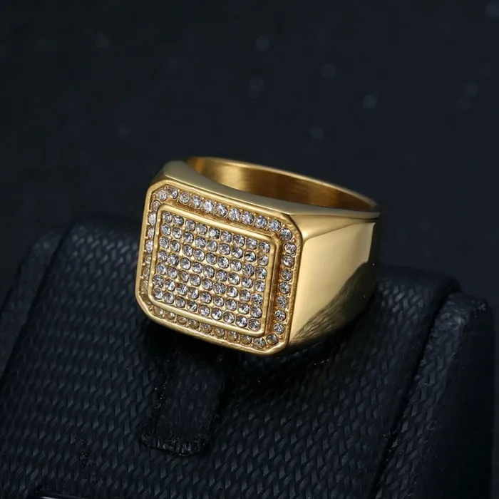 Wholesale Full Rhinestone Hip Hop Ring – Bulk Gold-Plated Titanium Steel Men's Jewelry at Factory Price
