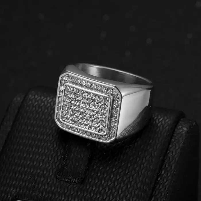 Wholesale Full Rhinestone Hip Hop Ring – Bulk Gold-Plated Titanium Steel Men's Jewelry at Factory Price