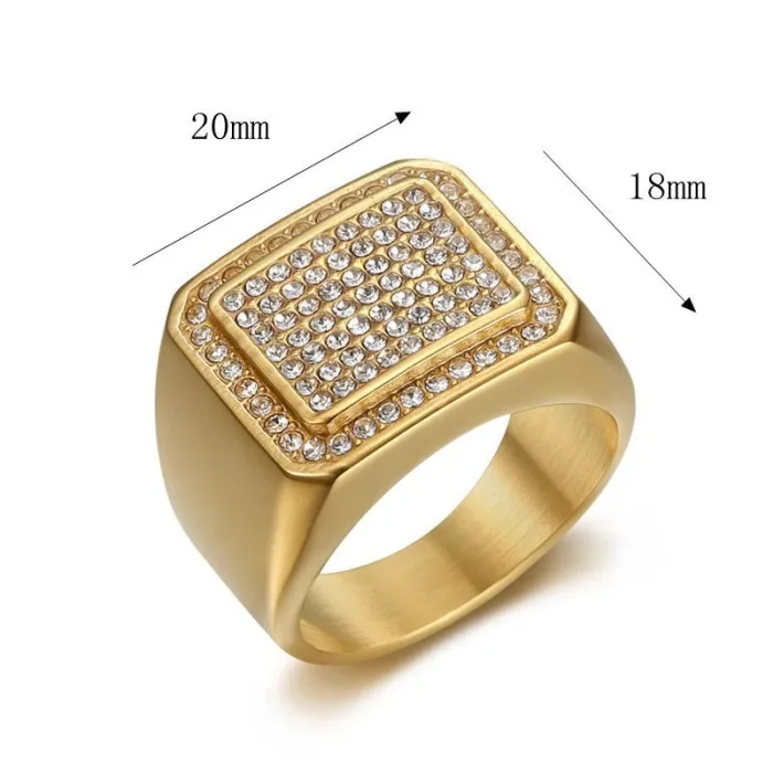 Wholesale Full Rhinestone Hip Hop Ring – Bulk Gold-Plated Titanium Steel Men's Jewelry at Factory Price