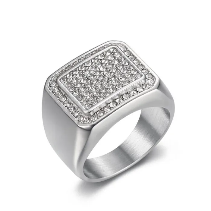 Wholesale Full Rhinestone Hip Hop Ring – Bulk Gold-Plated Titanium Steel Men's Jewelry at Factory Price