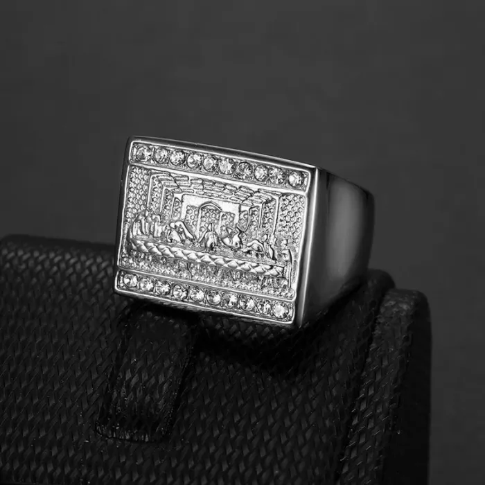 Wholesale Last Supper Ring – Bulk Hip Hop Titanium Steel Men's Ring with Rhinestones and Judas Apostle Design