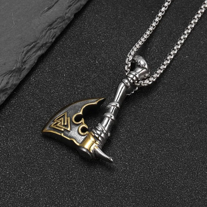 Wholesale Viking Axe Pendant – Bulk Gold-Plated Stainless Steel Necklace for Men at Factory Price