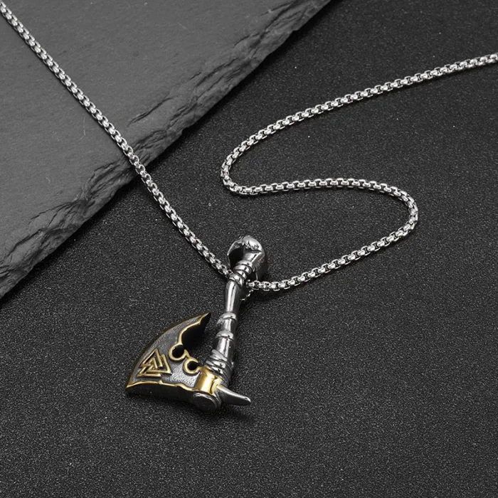 Wholesale Viking Axe Pendant – Bulk Gold-Plated Stainless Steel Necklace for Men at Factory Price