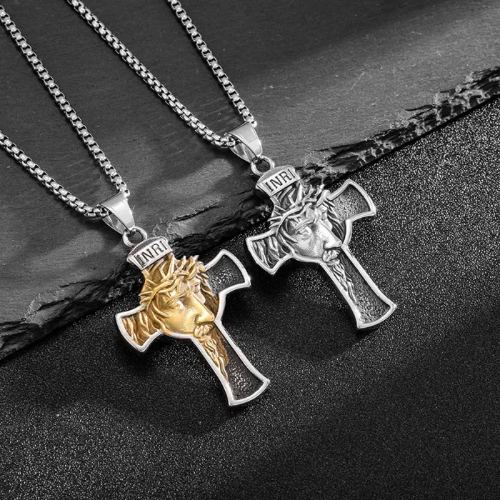 Wholesale Vintage Cross Pendant – Bulk Stainless Steel Portrait Necklace from Original Titanium Steel Supplier