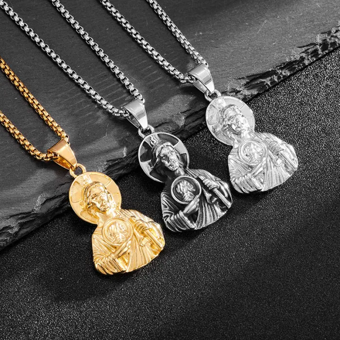 Wholesale St. Jude Pendant Necklace – Bulk Gold-Plated 316 Stainless Steel Men's Religious Jewelry