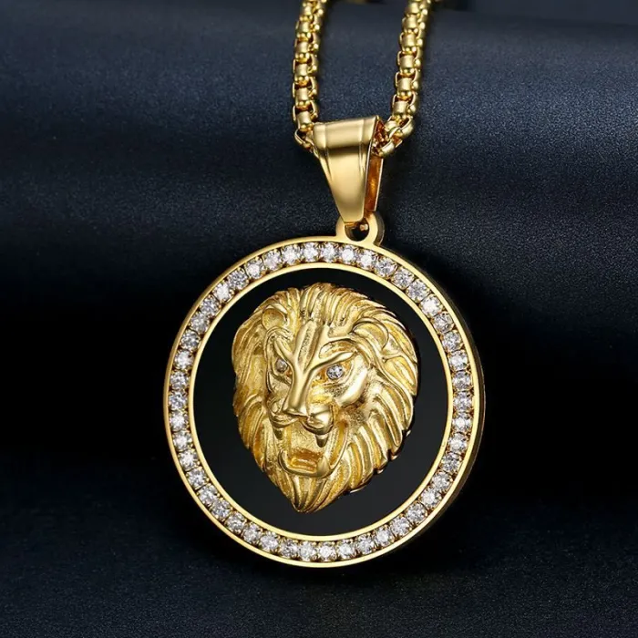 Wholesale Lion Head Pendant – Bulk Gold-Plated Titanium Steel Hip Hop Necklace with Micro-Pavé CZ Stones