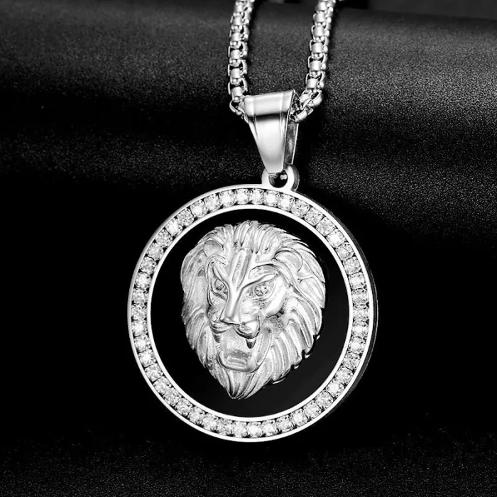 Wholesale Lion Head Pendant – Bulk Gold-Plated Titanium Steel Hip Hop Necklace with Micro-Pavé CZ Stones