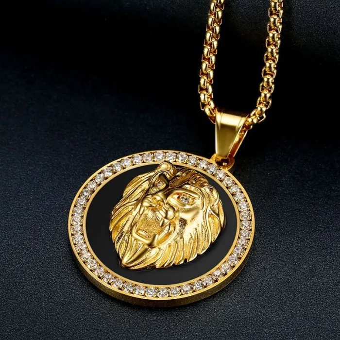 Wholesale Lion Head Pendant – Bulk Gold-Plated Titanium Steel Hip Hop Necklace with Micro-Pavé CZ Stones