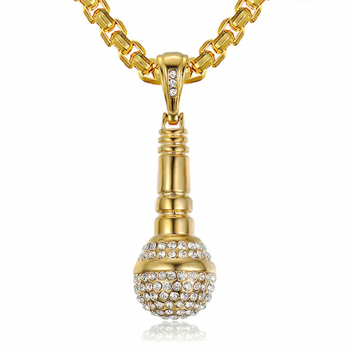 Wholesale Microphone Pendant Necklace – Bulk Gold-Plated Titanium Steel Hip Hop Jewelry with Rhinestones