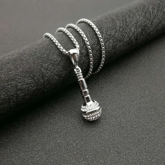 Wholesale Microphone Pendant Necklace – Bulk Gold-Plated Titanium Steel Hip Hop Jewelry with Rhinestones