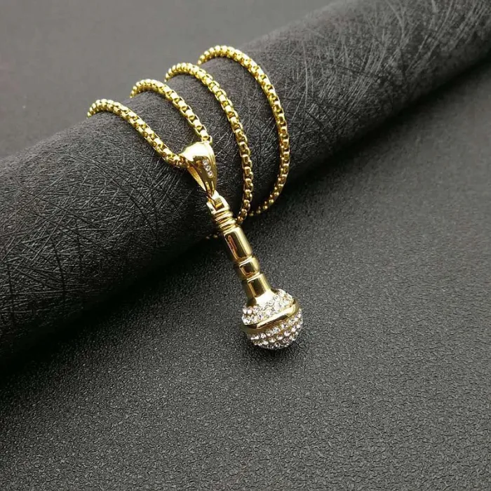Wholesale Microphone Pendant Necklace – Bulk Gold-Plated Titanium Steel Hip Hop Jewelry with Rhinestones