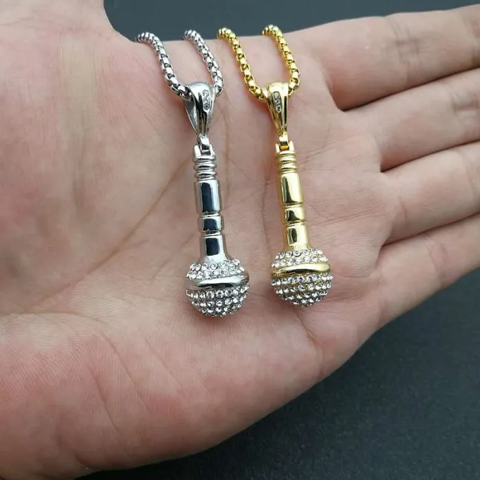 Wholesale Microphone Pendant Necklace – Bulk Gold-Plated Titanium Steel Hip Hop Jewelry with Rhinestones