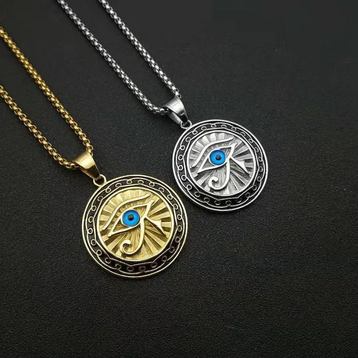  Wholesale Eye of Horus Pendant – Bulk Gold-Plated Titanium Steel Round Necklace with Blue Enamel Eye