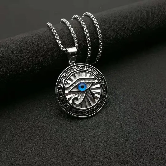  Wholesale Eye of Horus Pendant – Bulk Gold-Plated Titanium Steel Round Necklace with Blue Enamel Eye