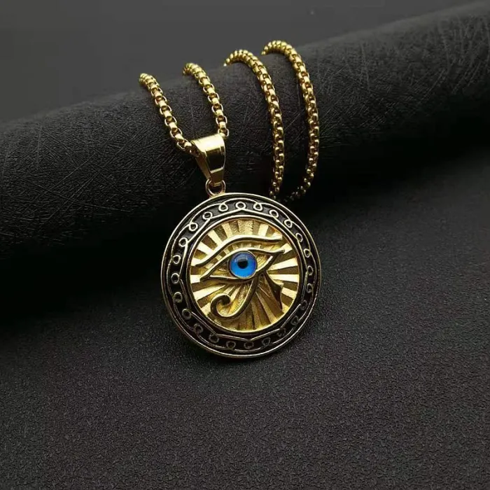 Wholesale Eye of Horus Pendant – Bulk Gold-Plated Titanium Steel Round Necklace with Blue Enamel Eye