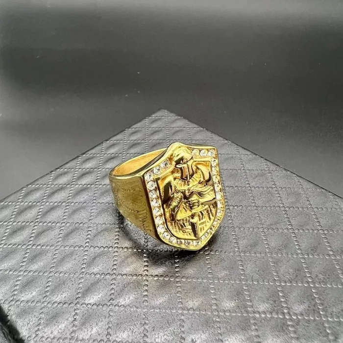 Wholesale Templar Knight Ring – Bulk Gold-Plated Titanium Steel Hip Hop Ring with Rhinestones for Men