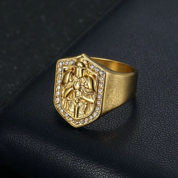 Wholesale Templar Knight Ring – Bulk Gold-Plated Titanium Steel Hip Hop Ring with Rhinestones for Men