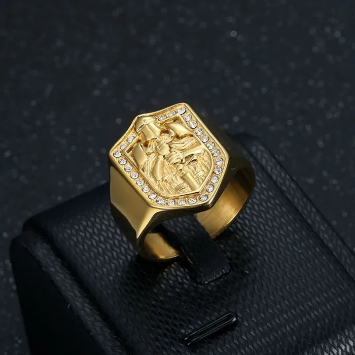 Wholesale Templar Knight Ring – Bulk Gold-Plated Titanium Steel Hip Hop Ring with Rhinestones for Men