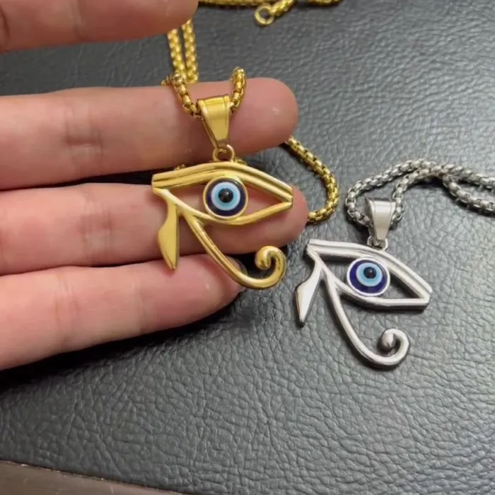 Wholesale Eye of Horus Pendant – Bulk Gold-Plated Titanium/Stainless Steel Necklace with Turkish Blue Eye