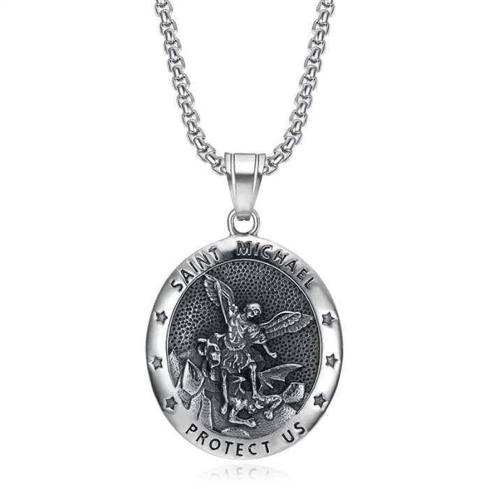Wholesale St. Michael Pendant – Bulk Vintage Titanium Steel Round Medal Necklace for Men & Women