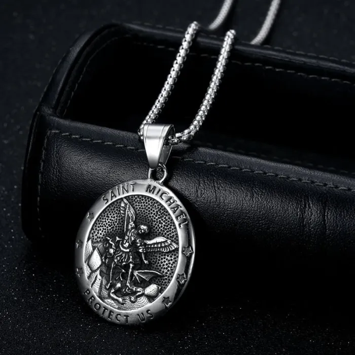 Wholesale St. Michael Pendant – Bulk Vintage Titanium Steel Round Medal Necklace for Men & Women