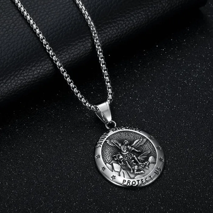 Wholesale St. Michael Pendant – Bulk Vintage Titanium Steel Round Medal Necklace for Men & Women