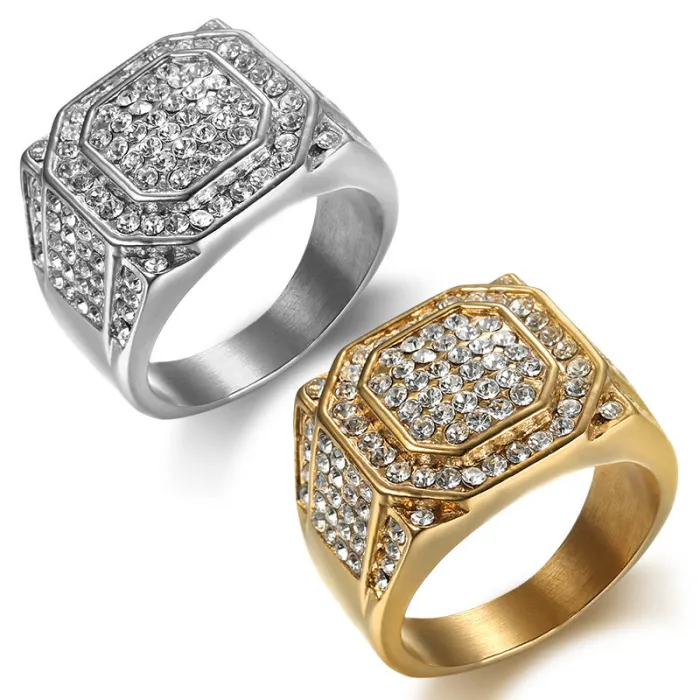 Wholesale Full Rhinestone Hip Hop Ring – Bulk Gold-Plated Titanium Steel Nightclub Style Men's Jewelry