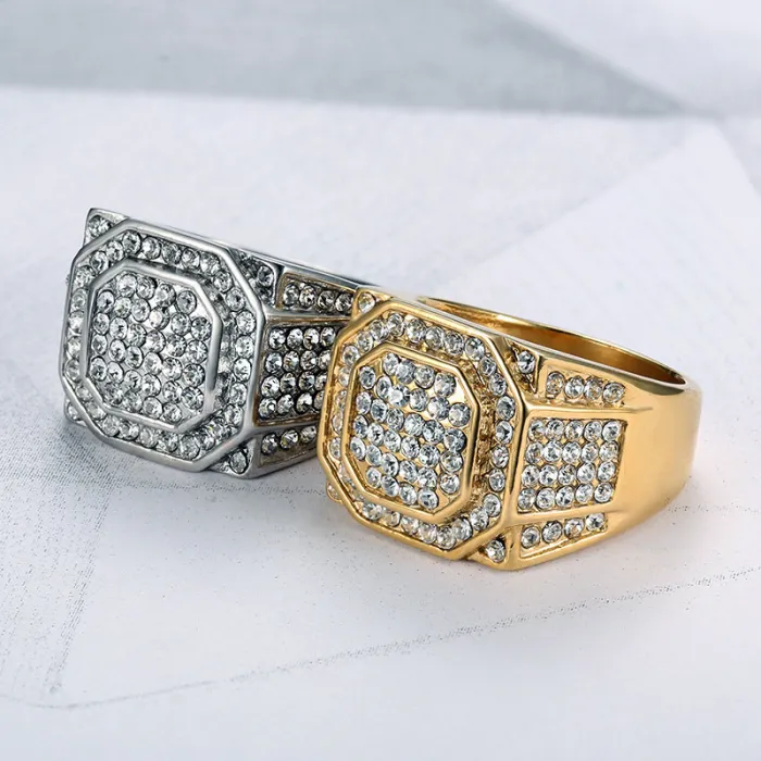 Wholesale Full Rhinestone Hip Hop Ring – Bulk Gold-Plated Titanium Steel Nightclub Style Men's Jewelry