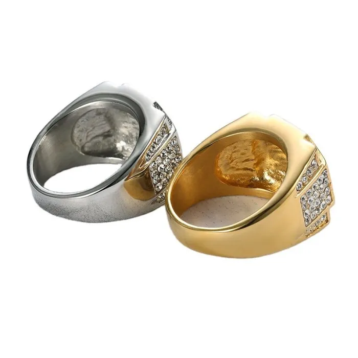 Wholesale Full Rhinestone Hip Hop Ring – Bulk Gold-Plated Titanium Steel Nightclub Style Men's Jewelry