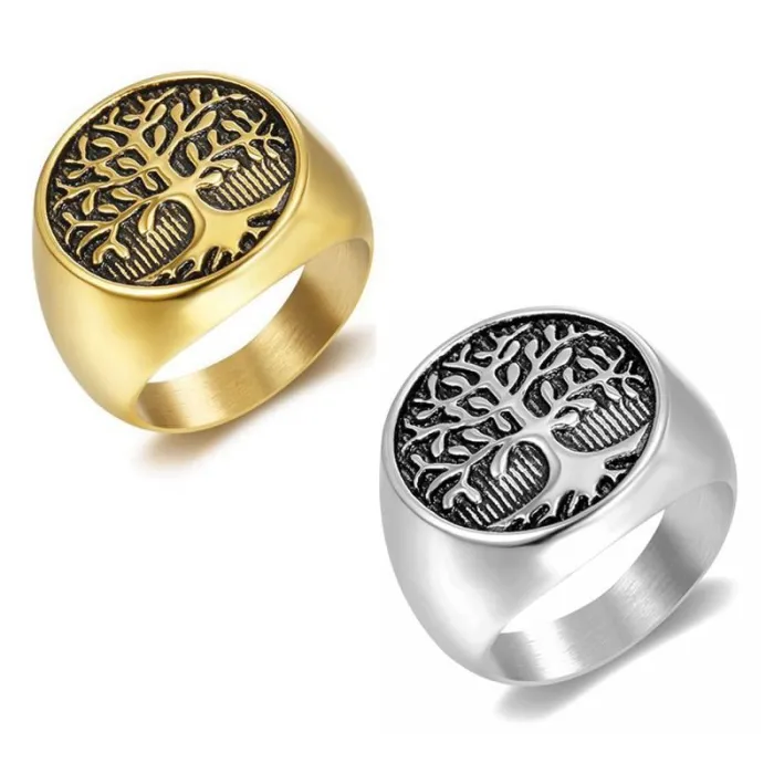 Wholesale Tree of Life Ring – Bulk Gold-Plated Titanium Steel Hip Hop Men's Ring with Enamel Finish