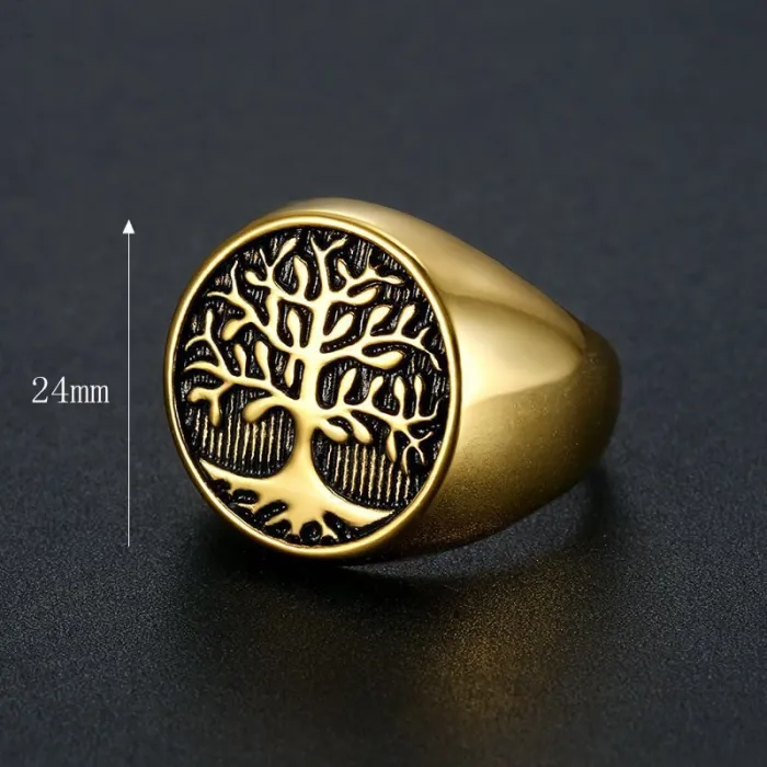 Wholesale Tree of Life Ring – Bulk Gold-Plated Titanium Steel Hip Hop Men's Ring with Enamel Finish