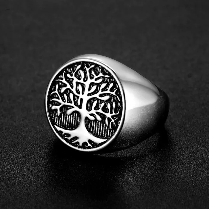 Wholesale Tree of Life Ring – Bulk Gold-Plated Titanium Steel Hip Hop Men's Ring with Enamel Finish