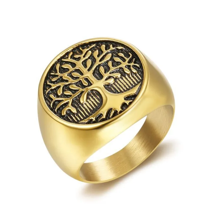 Wholesale Tree of Life Ring – Bulk Gold-Plated Titanium Steel Hip Hop Men's Ring with Enamel Finish