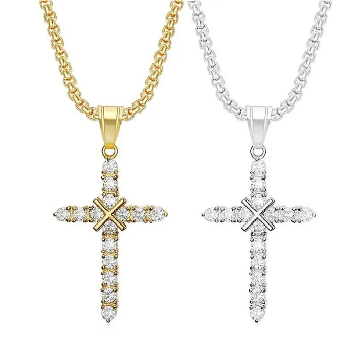 Wholesale Cross Pendant Necklace – Bulk Gold-Plated Titanium Steel Hip Hop Jewelry with CZ Stones