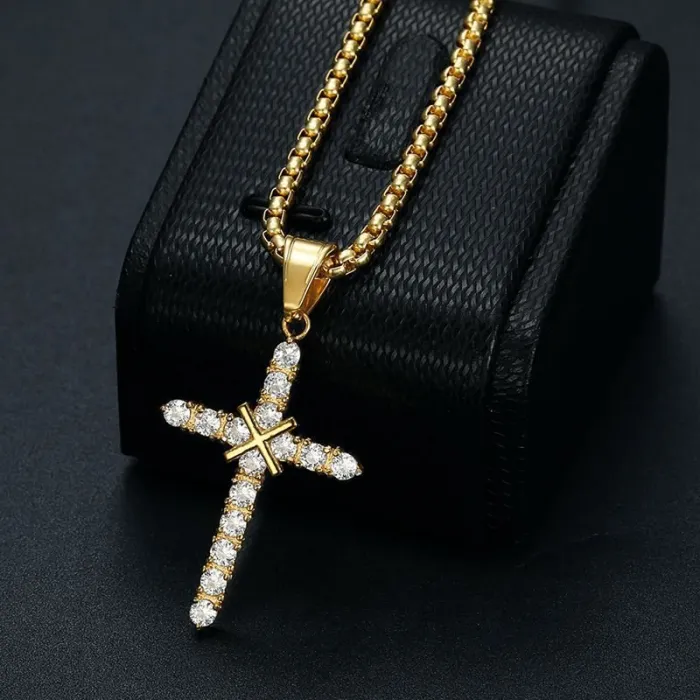 Wholesale Cross Pendant Necklace – Bulk Gold-Plated Titanium Steel Hip Hop Jewelry with CZ Stones