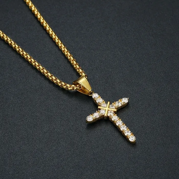 Wholesale Cross Pendant Necklace – Bulk Gold-Plated Titanium Steel Hip Hop Jewelry with CZ Stones