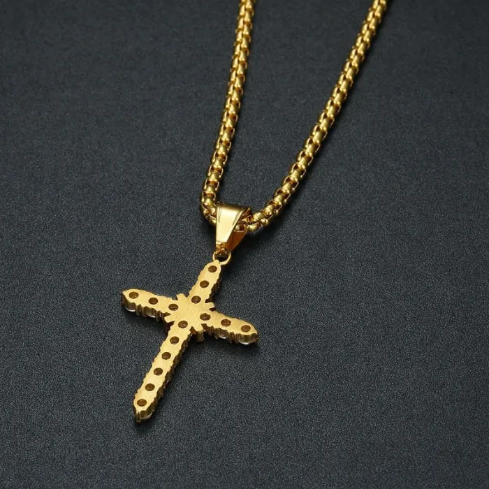 Wholesale Cross Pendant Necklace – Bulk Gold-Plated Titanium Steel Hip Hop Jewelry with CZ Stones