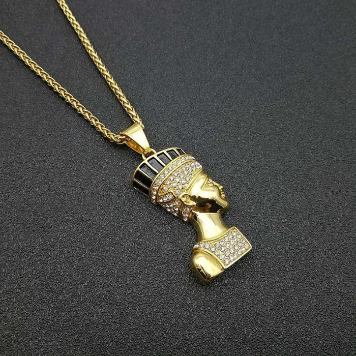 Wholesale Pharaoh Pendant Necklace – Bulk Gold-Plated Titanium Steel Hip Hop Jewelry with Rhinestones