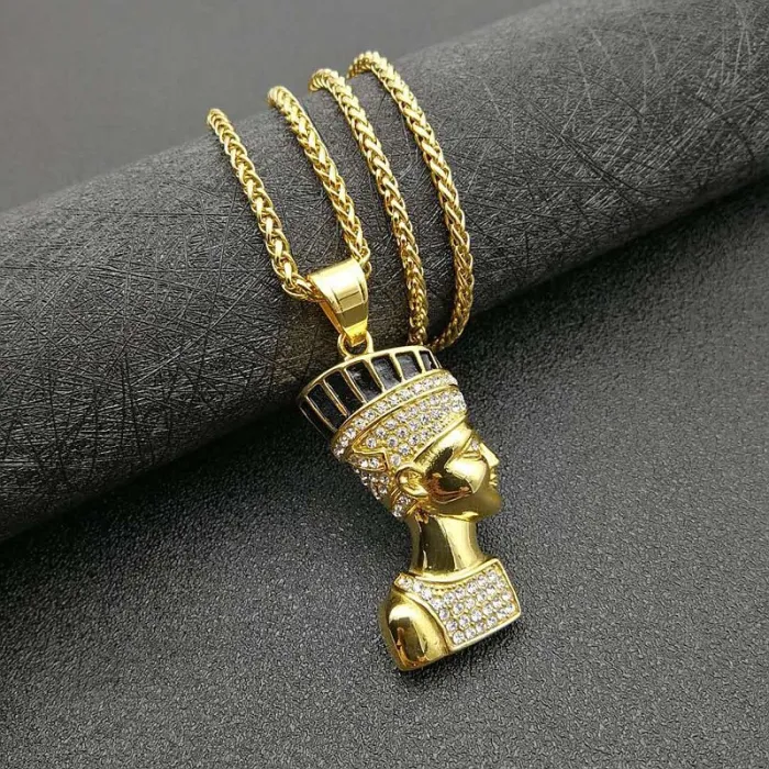 Wholesale Pharaoh Pendant Necklace – Bulk Gold-Plated Titanium Steel Hip Hop Jewelry with Rhinestones