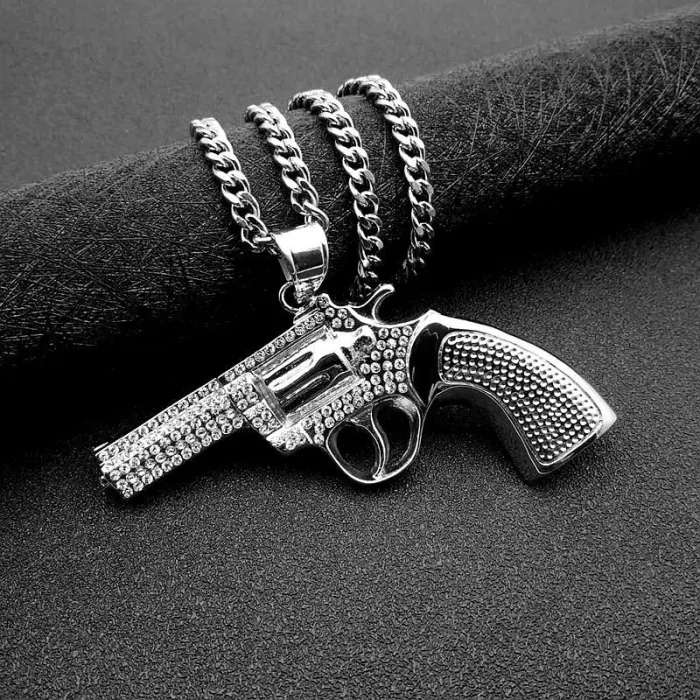 Wholesale Revolver Pendant Necklace – Bulk Gold-Plated Titanium Steel Hip Hop Jewelry with Rhinestones