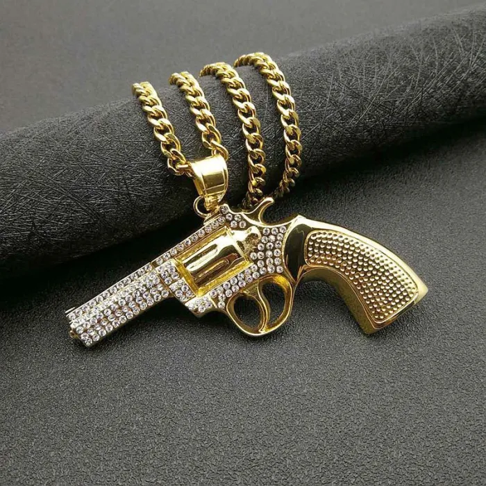 Wholesale Revolver Pendant Necklace – Bulk Gold-Plated Titanium Steel Hip Hop Jewelry with Rhinestones