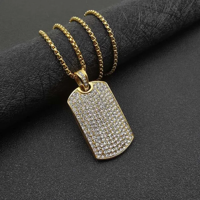 Wholesale Rectangle Pendant Necklace – Bulk Gold-Plated Titanium/Stainless Steel Hip Hop Jewelry with Full Rhinestones